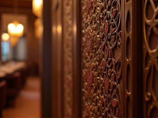 Detailed shot of Al Majlis Restaurant's traditional Emirati decor elements and warm lighting