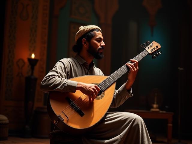 Promotional image for an Oud music night at Al Majlis, showing an Oud player in a traditional setting