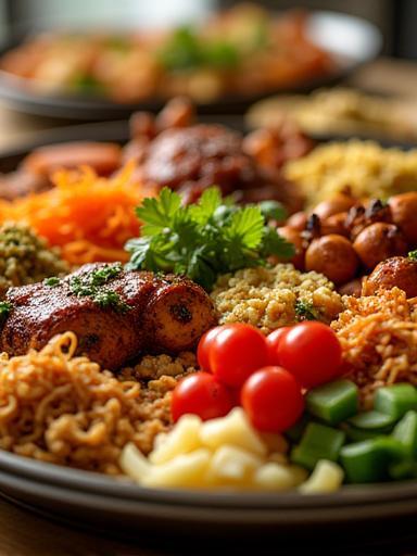 Close-up of a vibrant Middle Eastern food platter with various mezze and grilled items