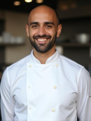 Portrait of Head Chef Ahmed Al Mansouri in his chef whites, smiling warmly