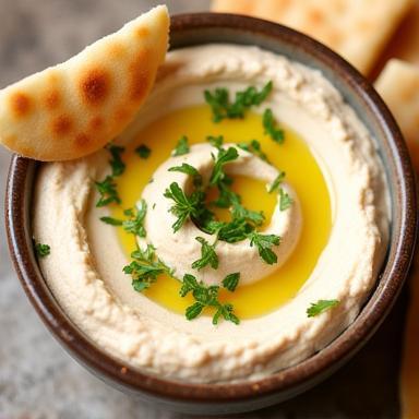 Appetizer of Creamy Hummus Beiruti with fresh parsley, garlic, lemon, and warm pita bread