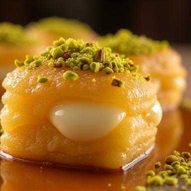 Delectable Golden Kunafa dessert at Al Majlis, with crispy pastry, cheese, and pistachio topping