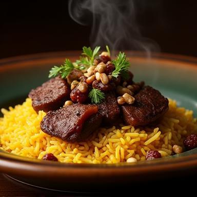 Signature Royal Lamb Ouzi dish from Al Majlis, slow-cooked lamb on aromatic rice