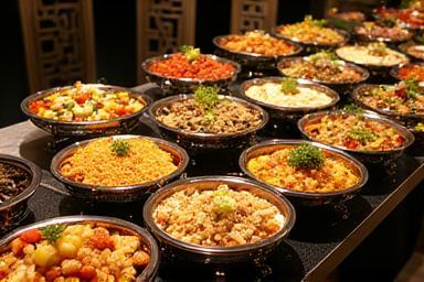 Luxurious catering buffet spread by Al Majlis Restaurant, showcasing a variety of dishes for an event